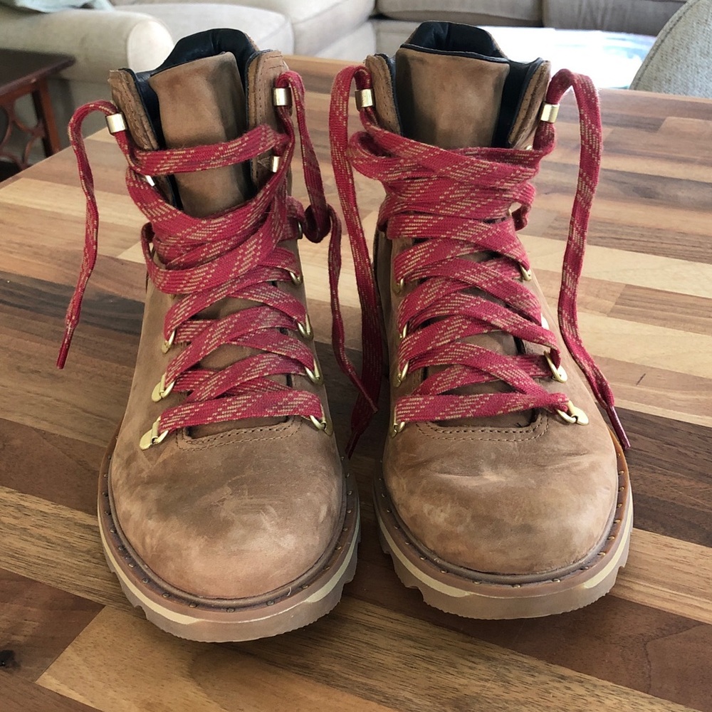 Sorel Tan Leather Hiking Boots with Red Laces
